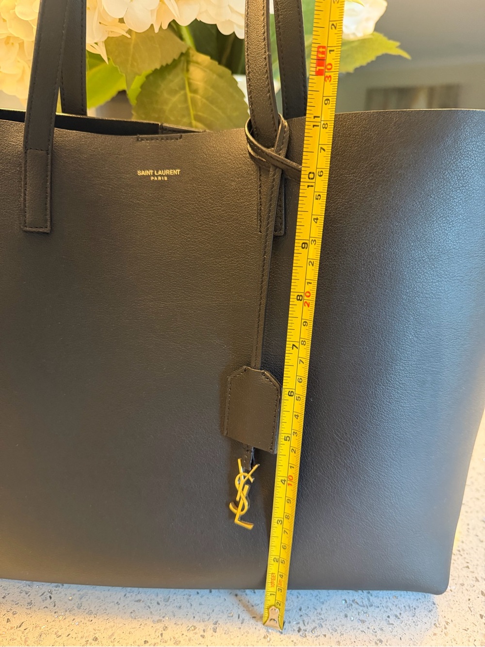 Saint Laurent Black Leather Tote with Gold YSL Charm and Pouch - Picture 5 of 9